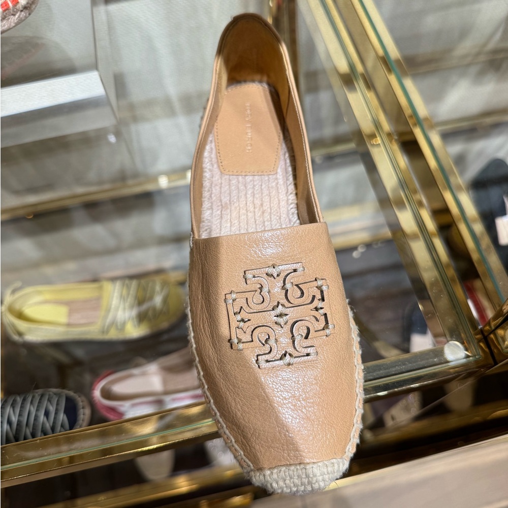 Tory Burch Signature Cut-Out Logo Leather Espadrille Flat Shoes